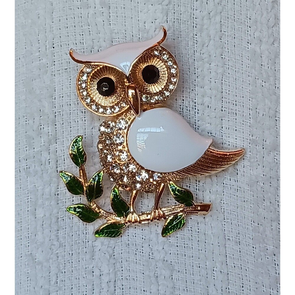 Goldtone Enamel & Rhinestone Owl on Tree Limb Brooch 2 in